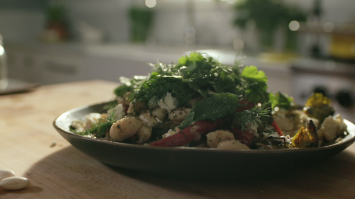 Roasted Vegetable Salad with White Beans, Fresh Herbs and Feta